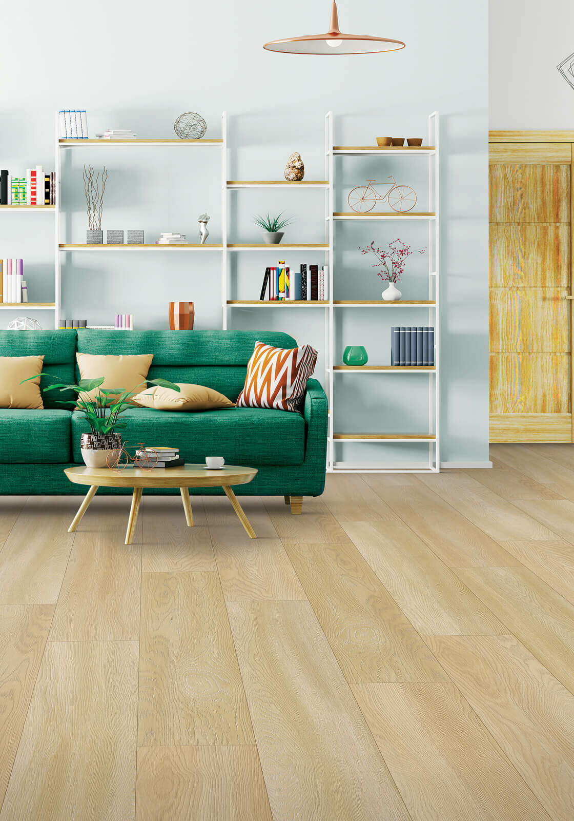 Green sofa in living room | Contractors Carpet & Flooring